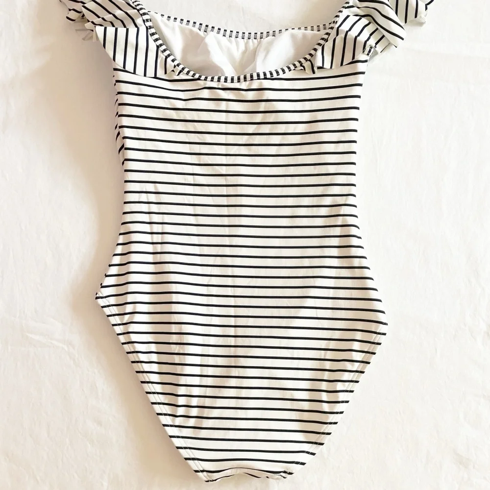 Vince Camino black and white‎ striped off-shoulder one piece swimsuit